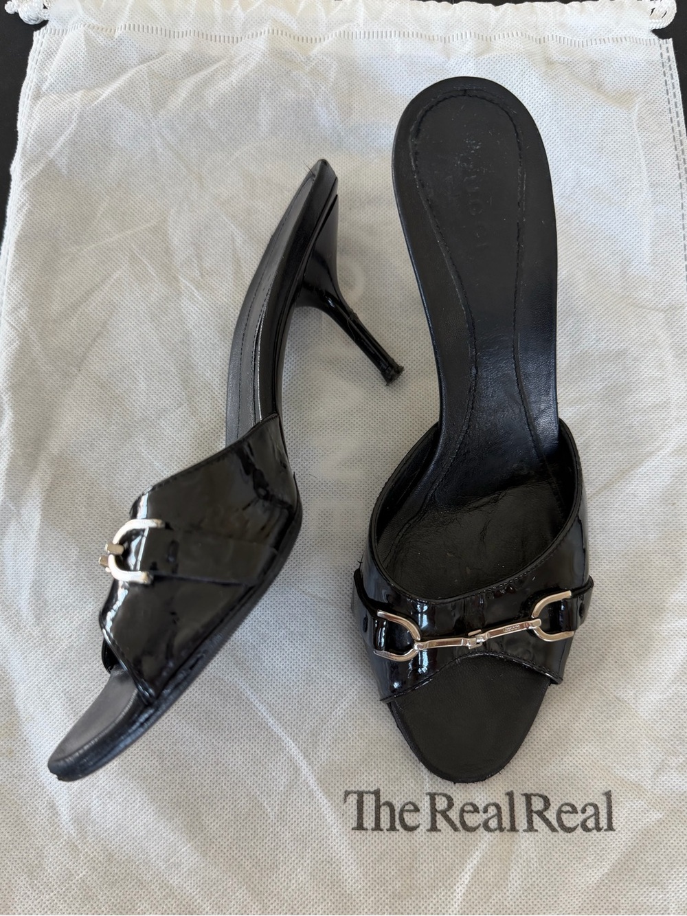 SOLD ❌ Gucci Monogram Patent Horsebit Black Mules Kitten Heels Sandals
